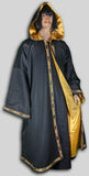 Robe made from black twill cotton, lined in gold satin. Trim with celtic knots around opening and hood. Made in USA