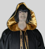 Hooded robe showing satin lined hood and trim.