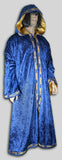Robe with hood made from panne velvet blue, lined in gold satin, trim around opening, bottom and sleeves. Custom-made in the USA.