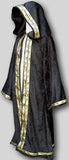 Robe made with panne velvet with double trim trim on opening and trim on sleeve and around hem. Custom-made in USA.