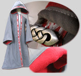 Robe made from light gray cotton twill fully lined in red fleece with celtic clasp. Celtic knot trim 236 around hood opening. Custom-made in the USA.