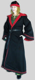 Robe with hood made from black twill fully lined in red fleece. Trim around hood, opening, bottom and sleeves. Pockets. Also wearing a Mongolian hat and anglo-norman dress and 15th century shoes and a ring belt, all made in USA sold by Garb the World.